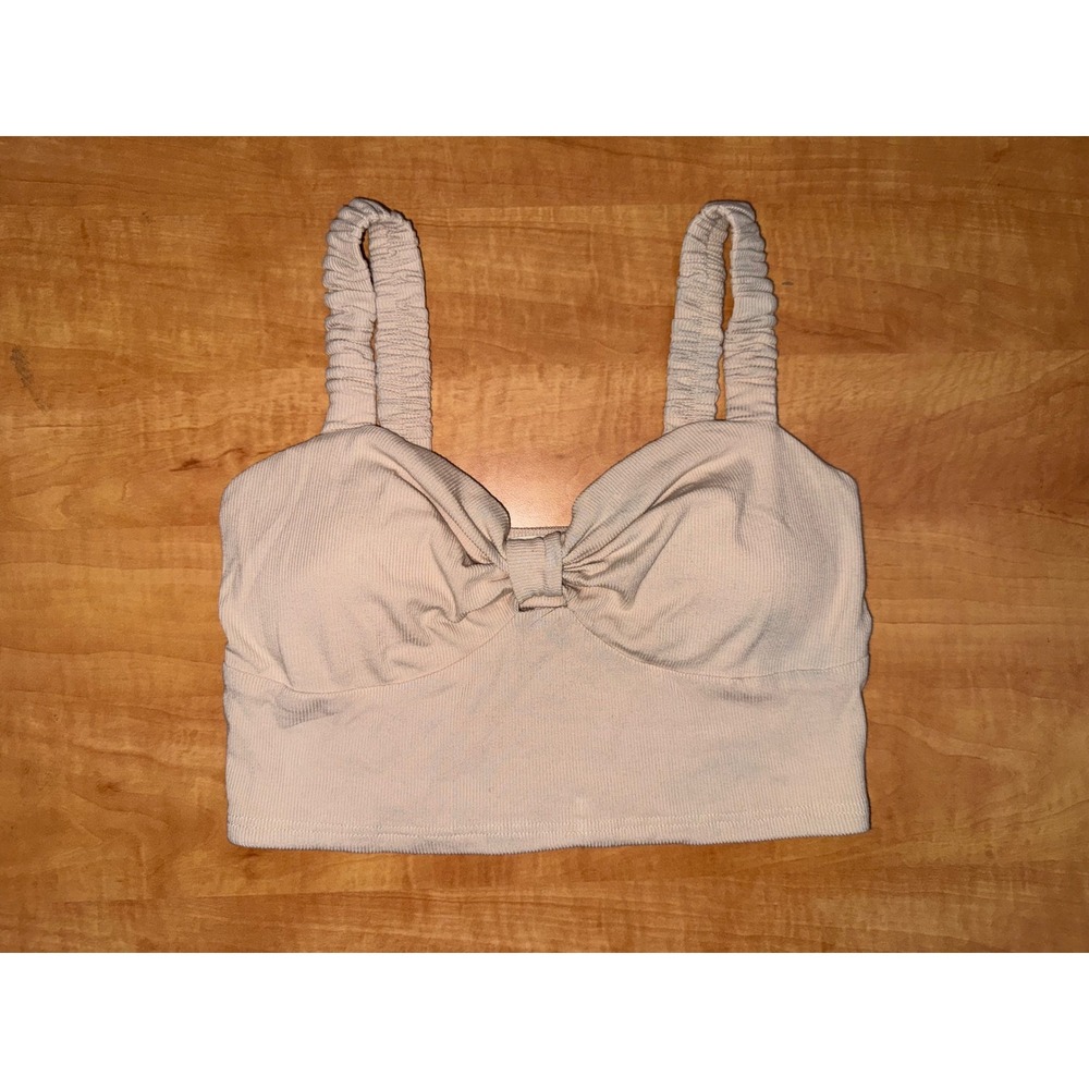 Listic Womens Ribbed Knit Crop Top Beige Tan Ruched Straps Bow Front LCM0038VM L
